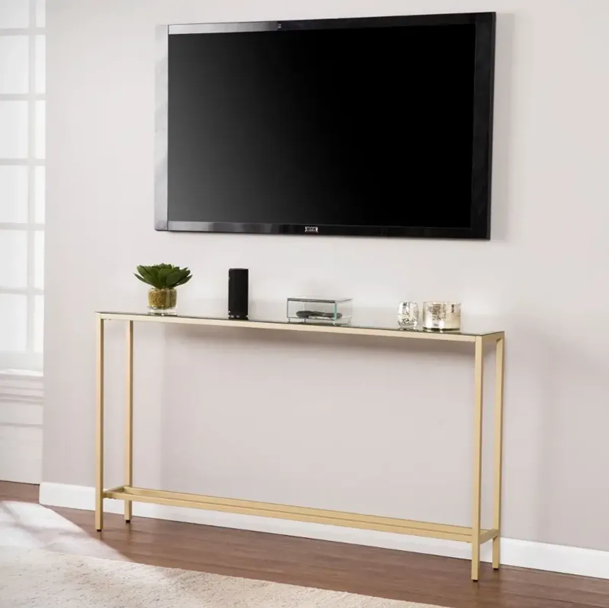 Darrin Long Gold Console Table with Mirrored Top