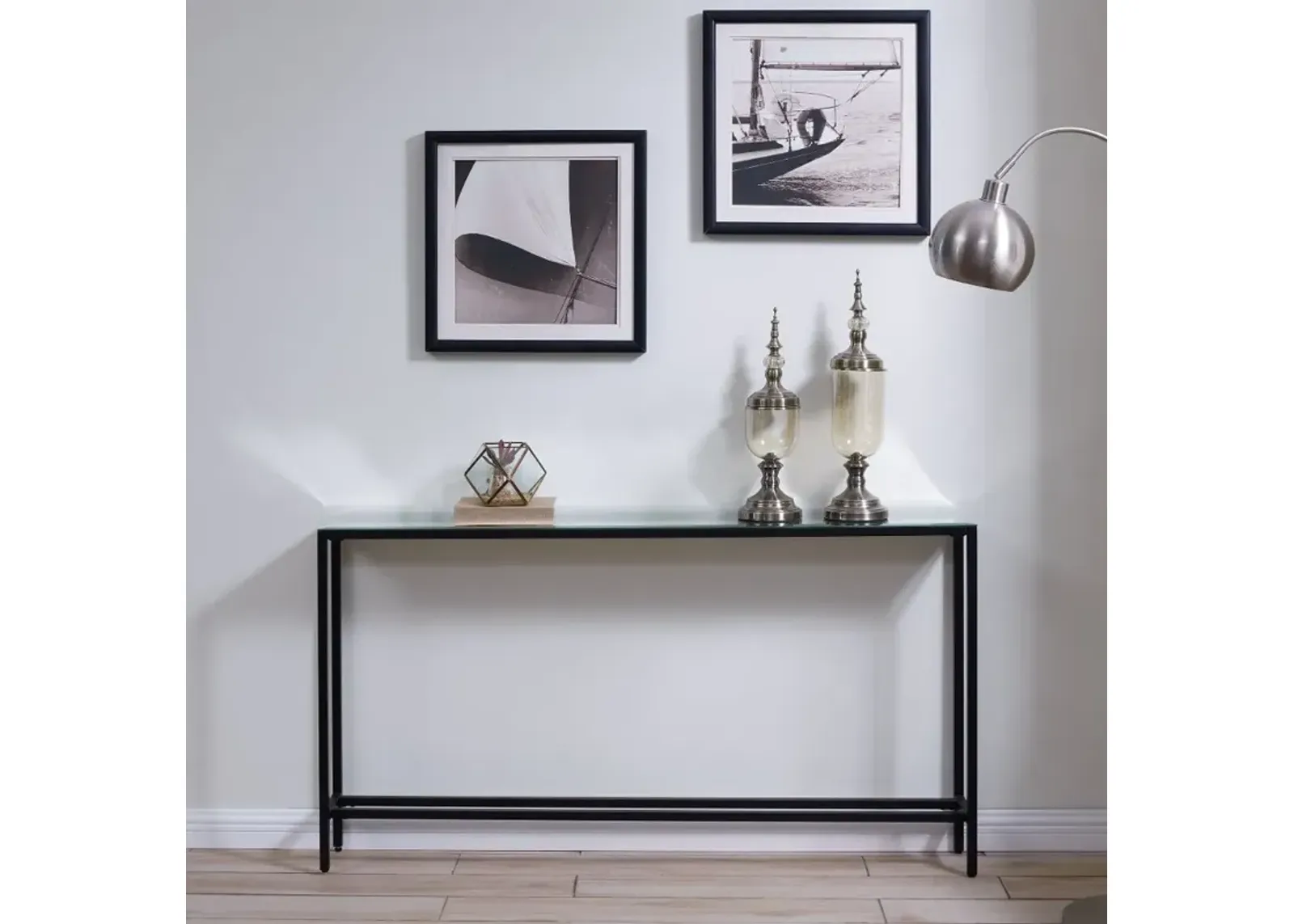 Darrin Long Gunmetal Gray Console Table with Mirrored Top