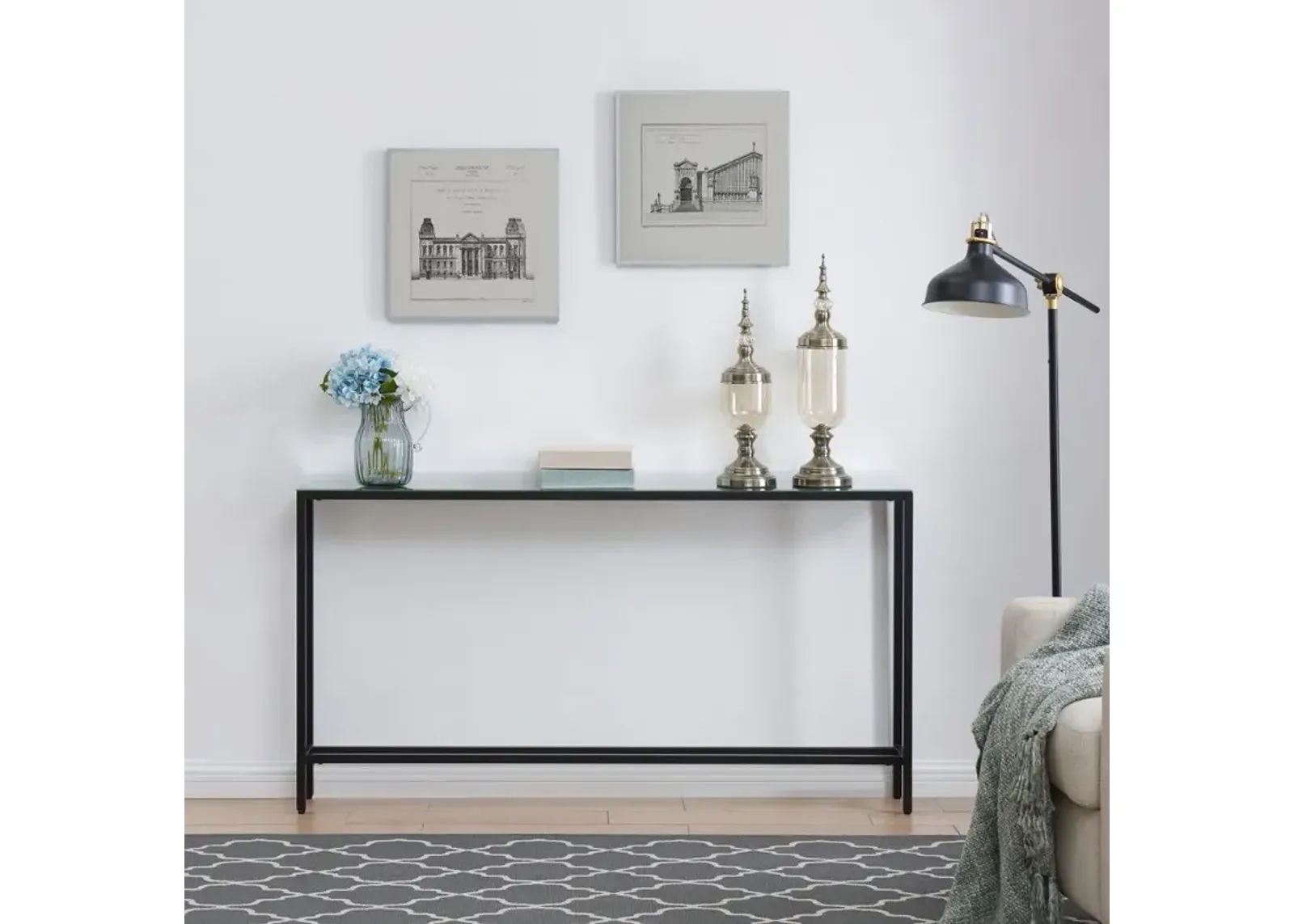 Darrin Long Black Console Table with Mirrored Top