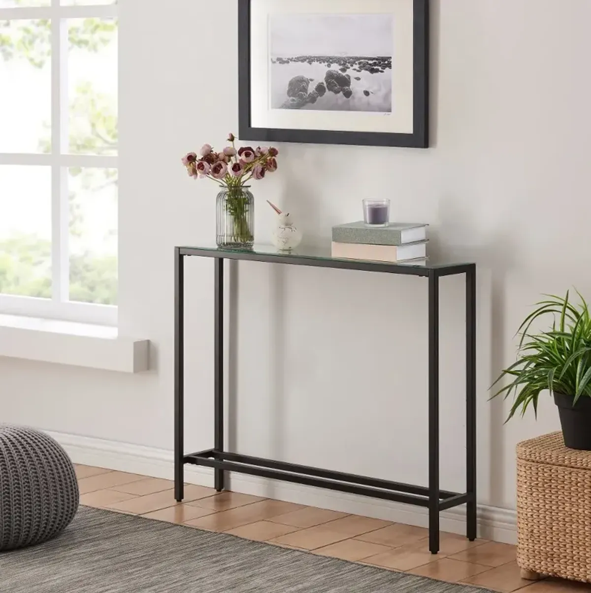 Darrin Short Black Console Table with Mirrored Top