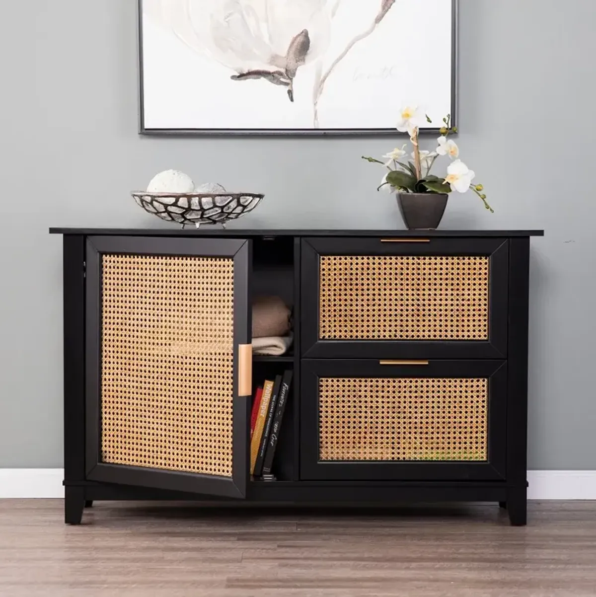 Holly & Martin Chekshire Black & Rattan Storage Cabinet