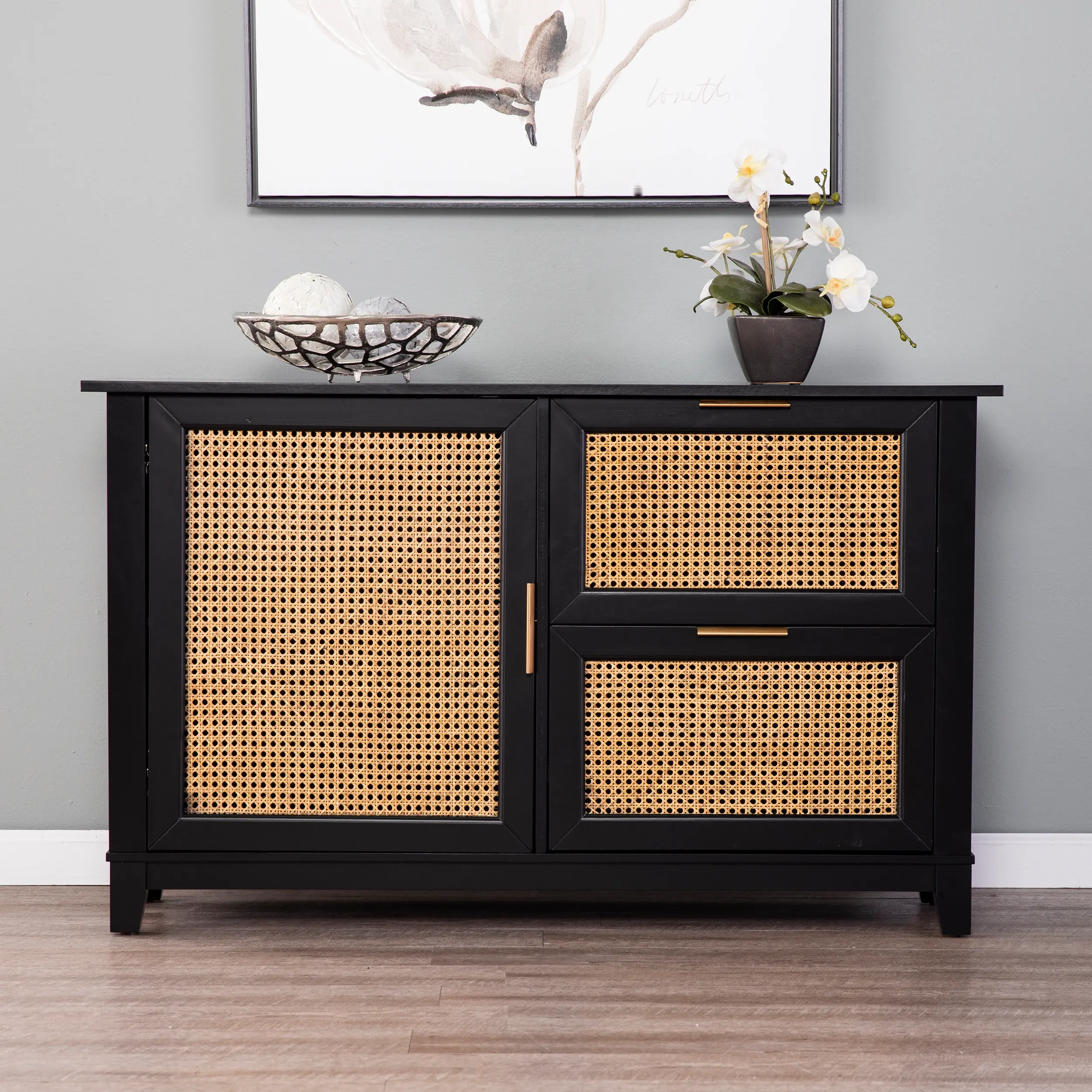 Holly & Martin Chekshire Black & Rattan Storage Cabinet