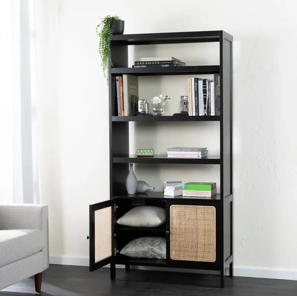 Carondale Black & Rattan Bookcase