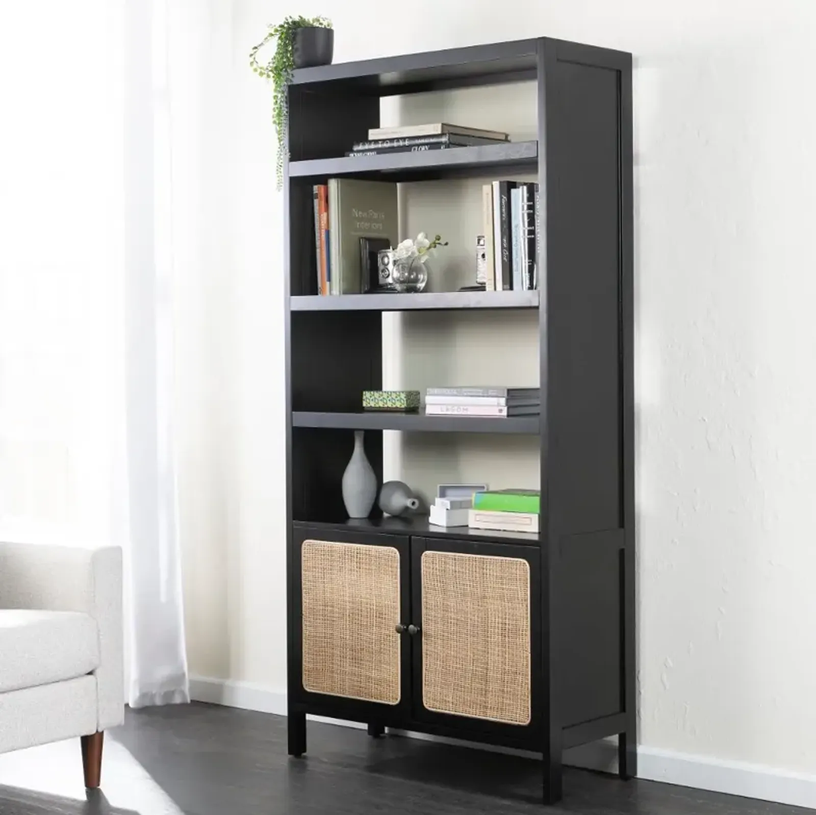 Carondale Black & Rattan Bookcase