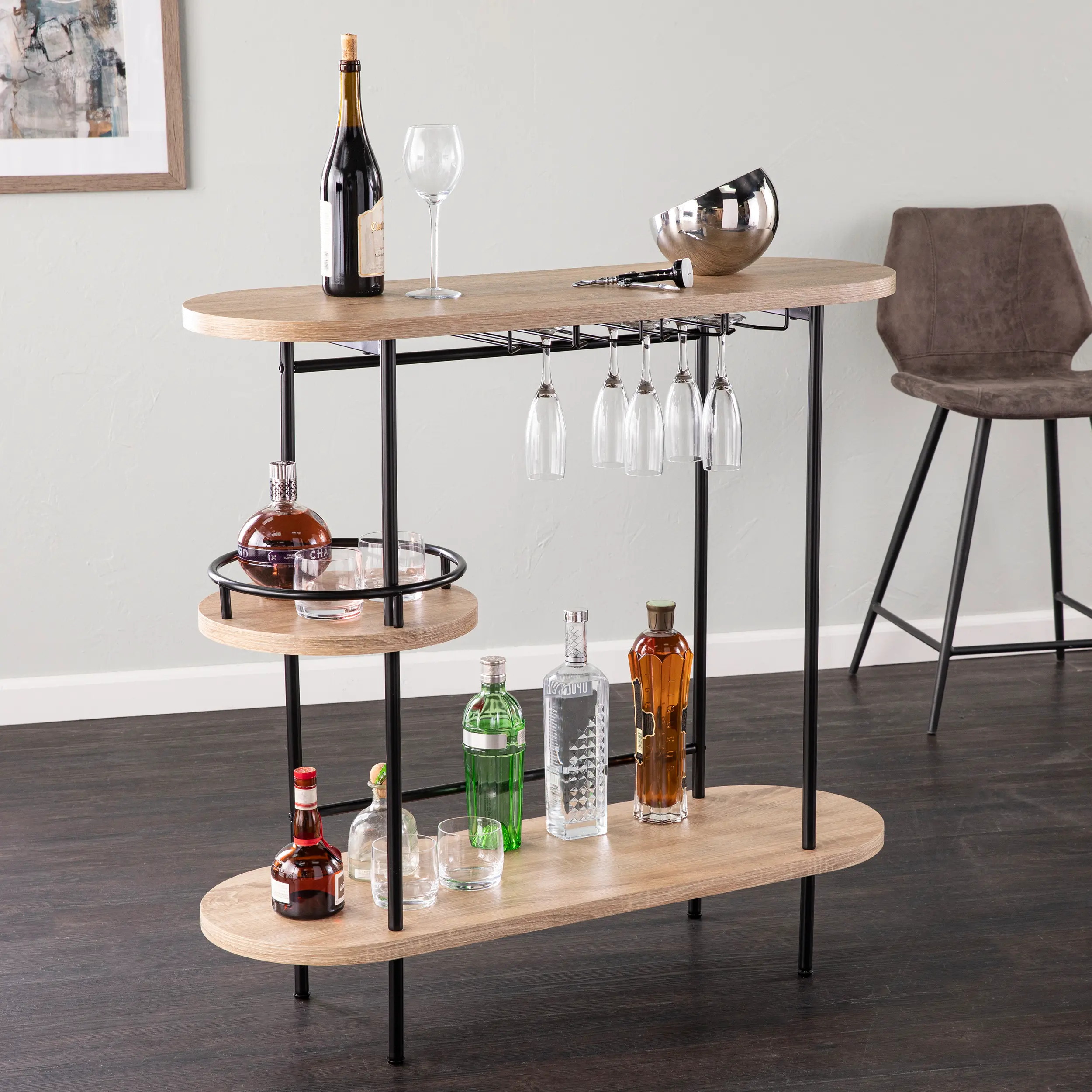 Dagney Natural & Black Wine Table with Glassware Storage