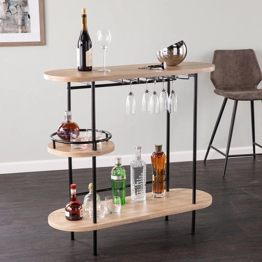 Dagney Natural & Black Wine Table with Glassware Storage