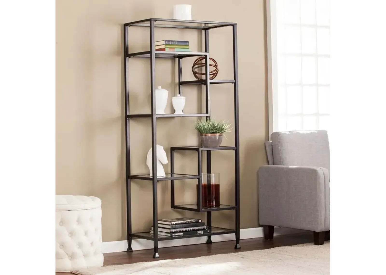 Jaymes Black Metal & Glass Asymmetrical Bookcase