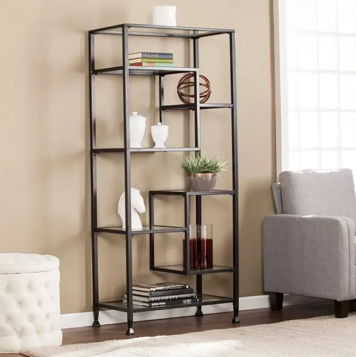 Jaymes Black Metal & Glass Asymmetrical Bookcase