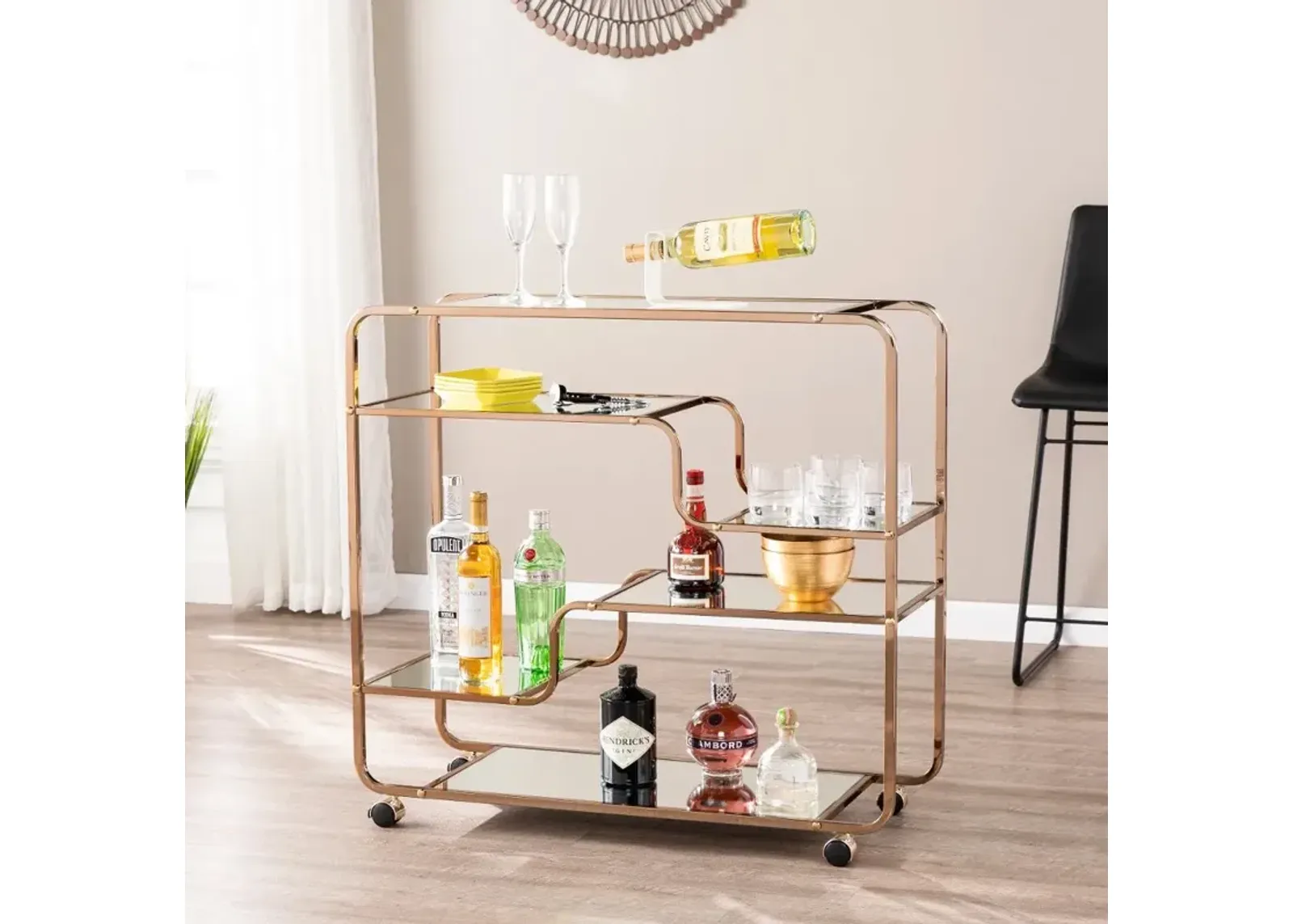 Maylynn Art Deco Champagne Mirrored Bar Cart