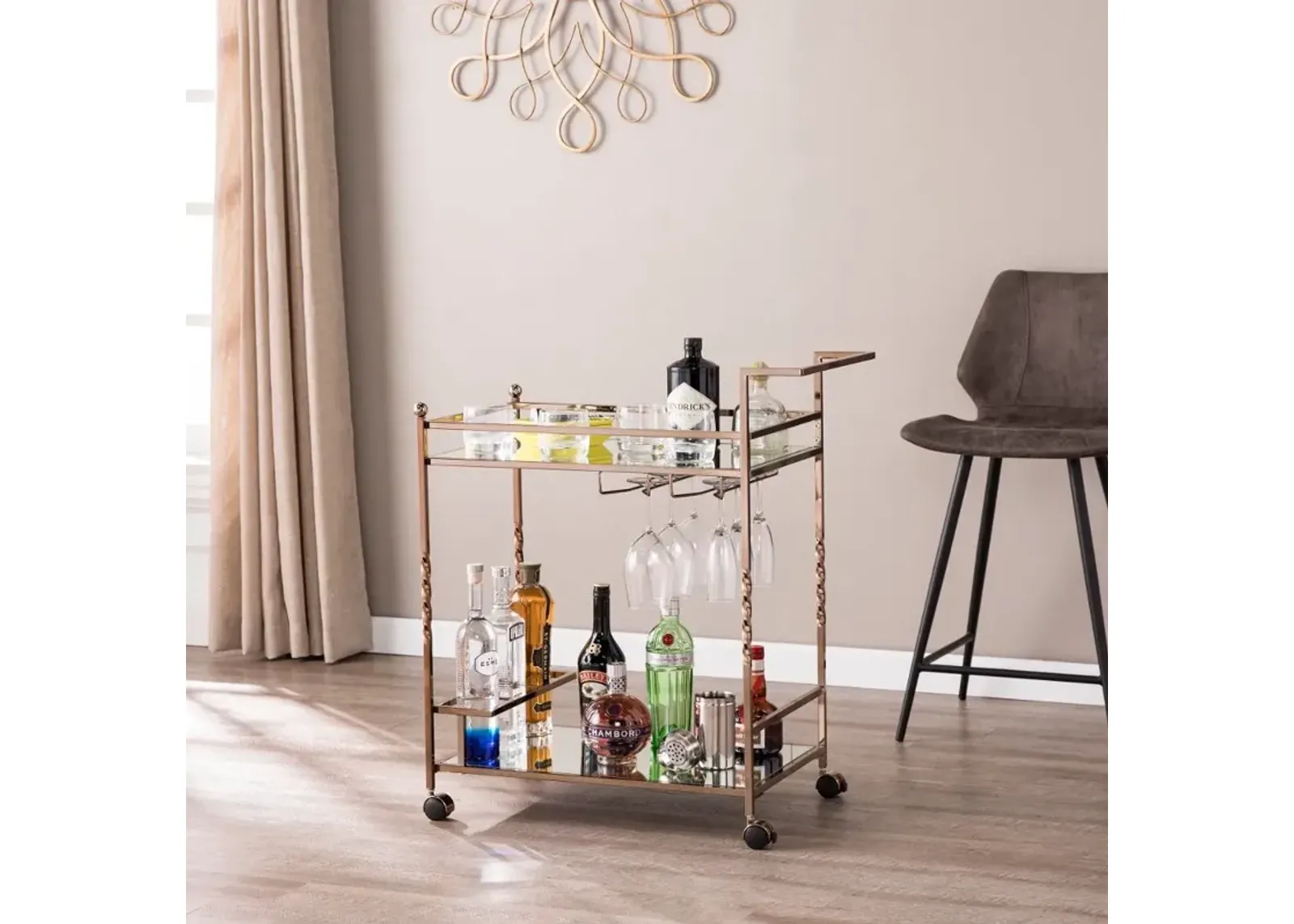 Ivers Rose Gold Metal Mirrored Bar Cart