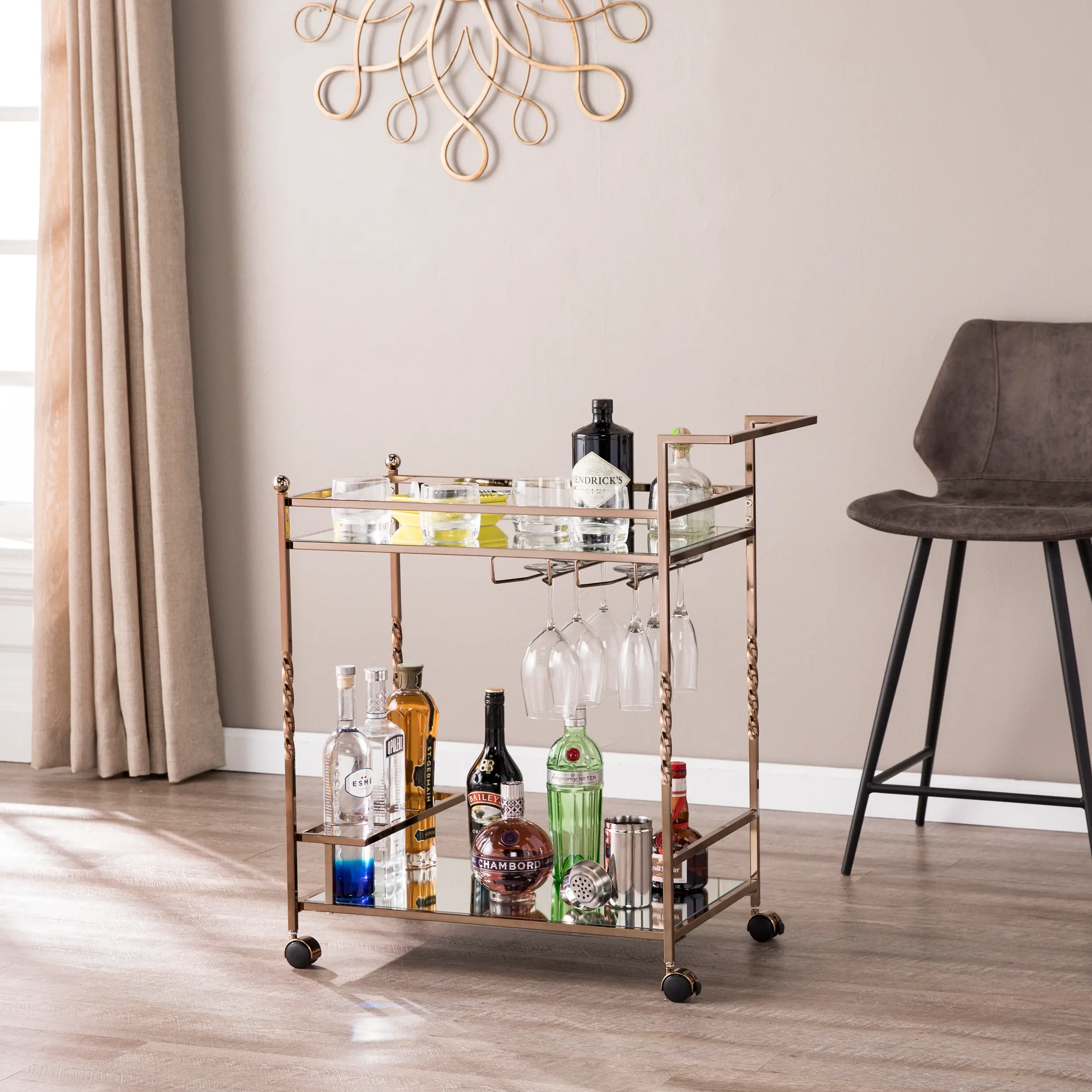 Ivers Rose Gold Metal Mirrored Bar Cart