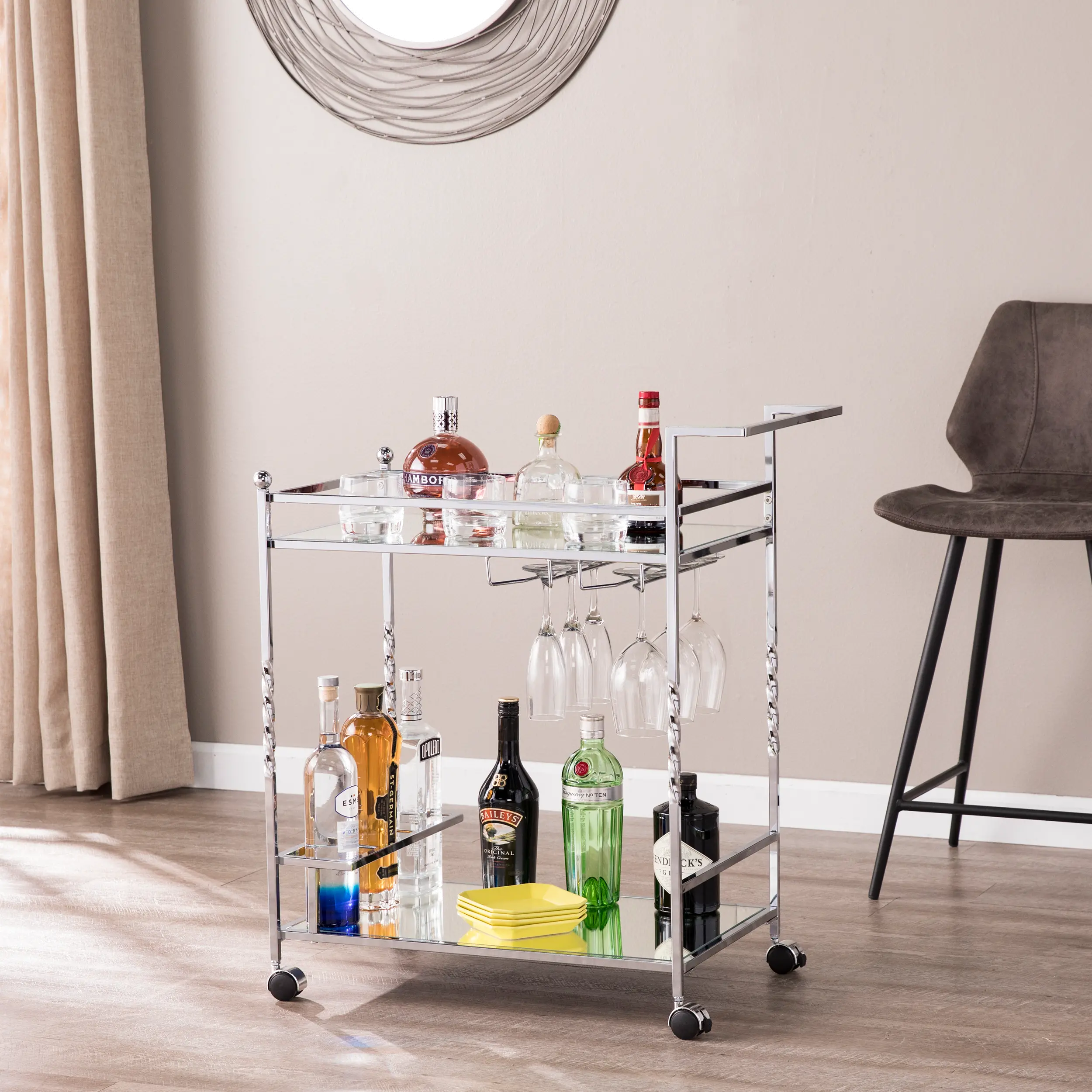 Ivers Chrome Metal Mirrored Bar Cart