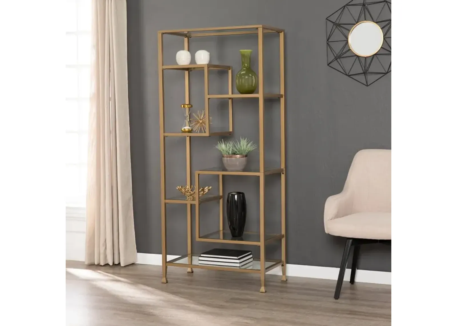 Jaymes Gold Metal & Glass Asymmetrical Bookcase