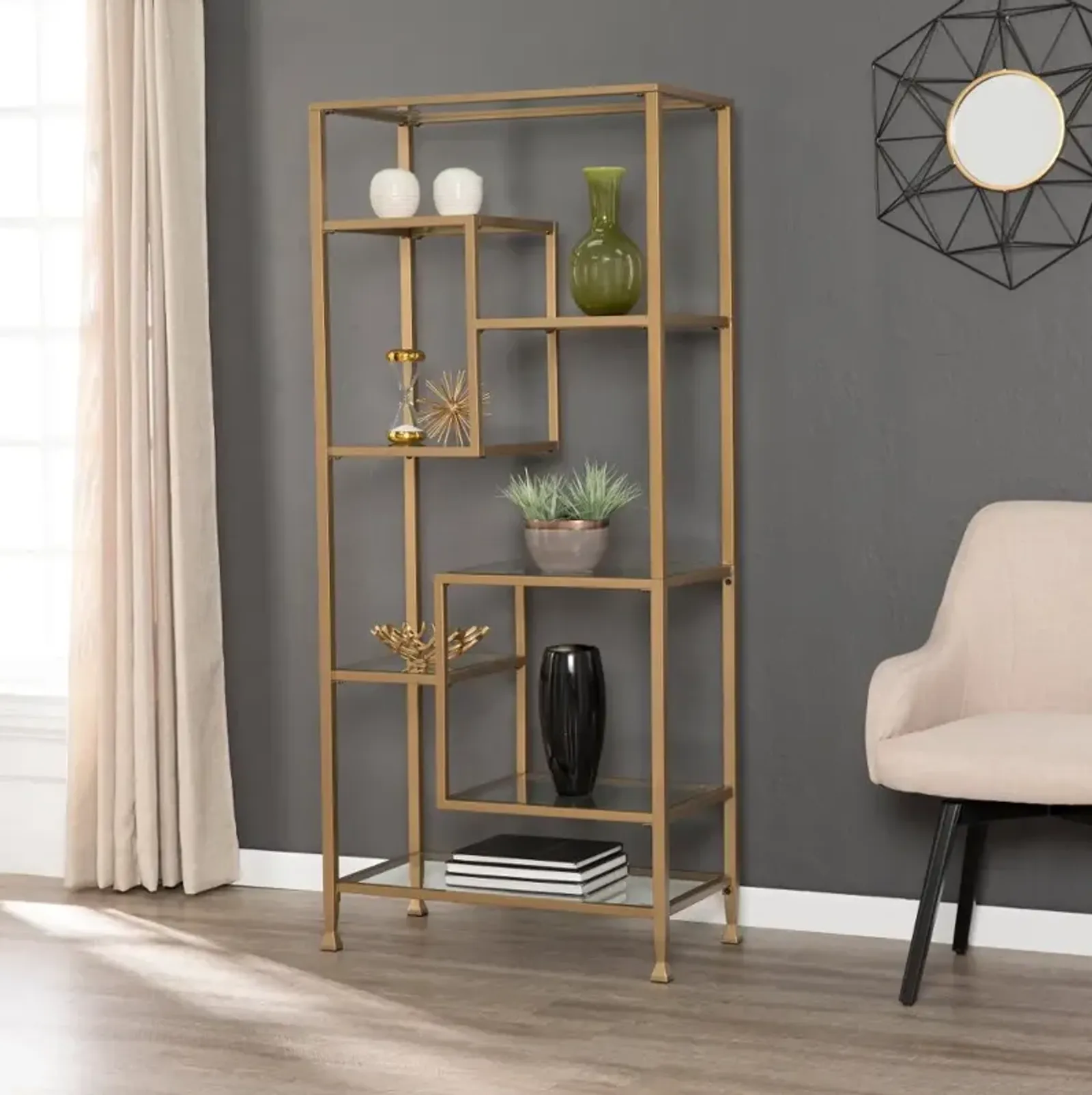 Jaymes Gold Metal & Glass Asymmetrical Bookcase