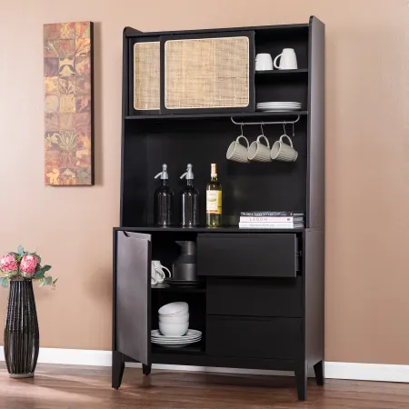 Carondale Black & Rattan Buffet Cabinet with Hutch
