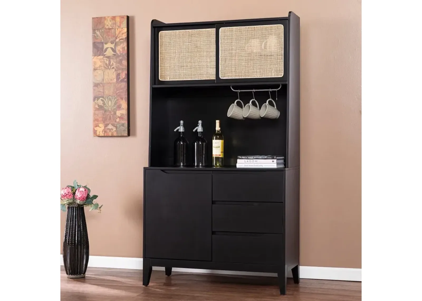 Carondale Black & Rattan Buffet Cabinet with Hutch