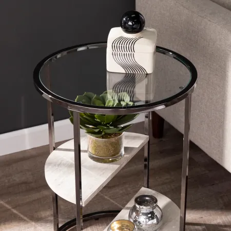 Ledermore Round Glass and Faux Stone Side Table