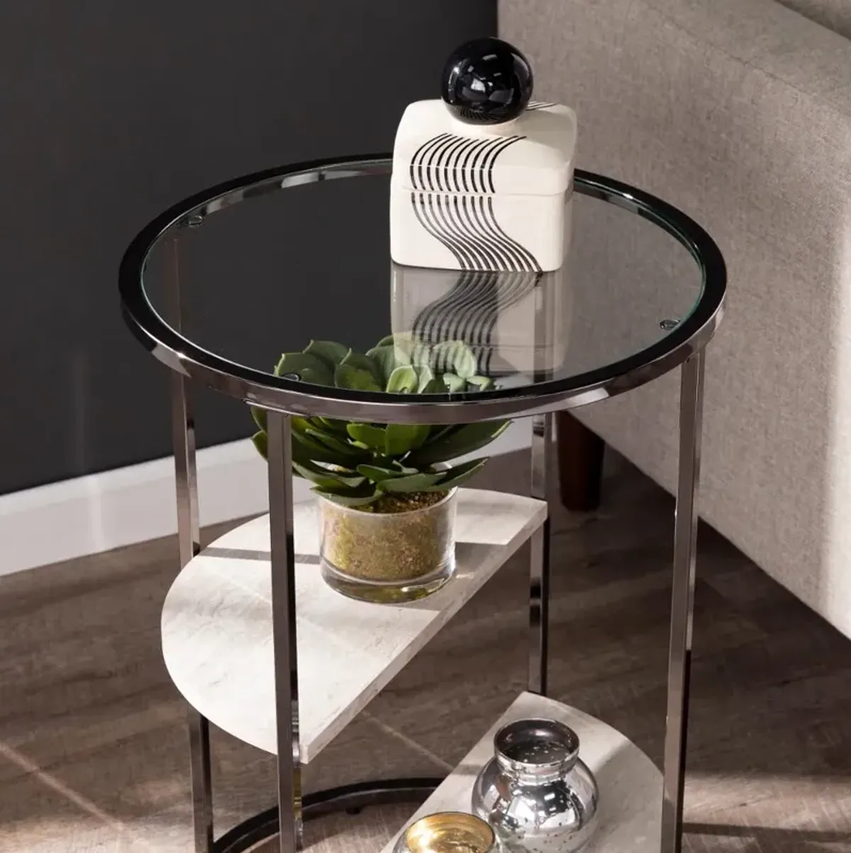 Ledermore Round Glass and Faux Stone Side Table