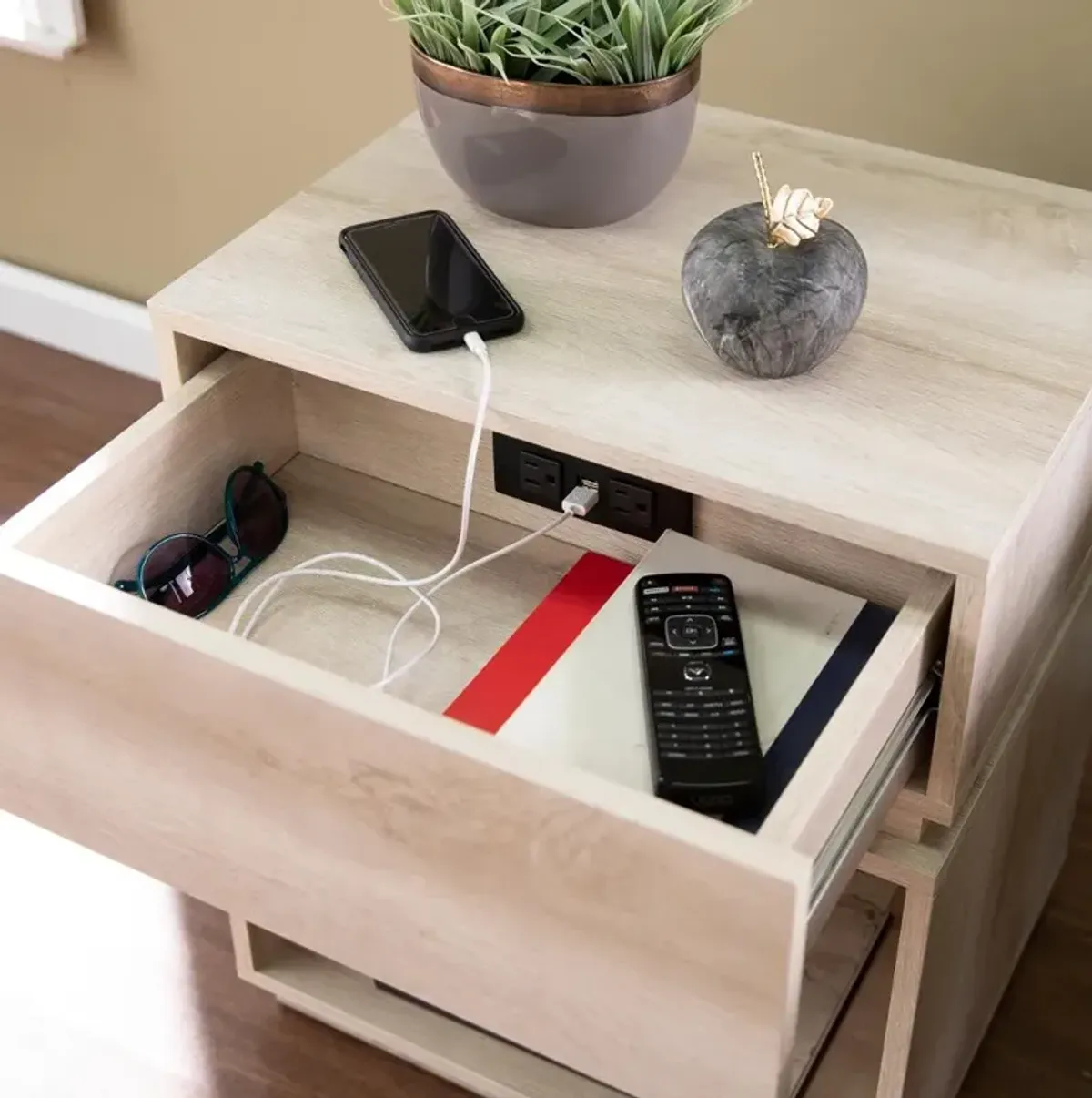 Mortayne Whitewash End Table with Charging Station