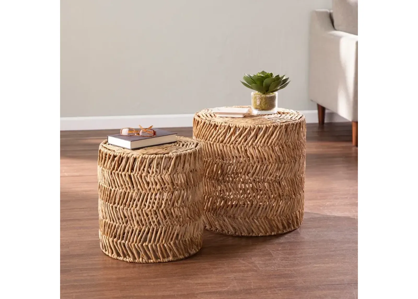 Davari Water Hyacinth Round Accent Tables Set of 2