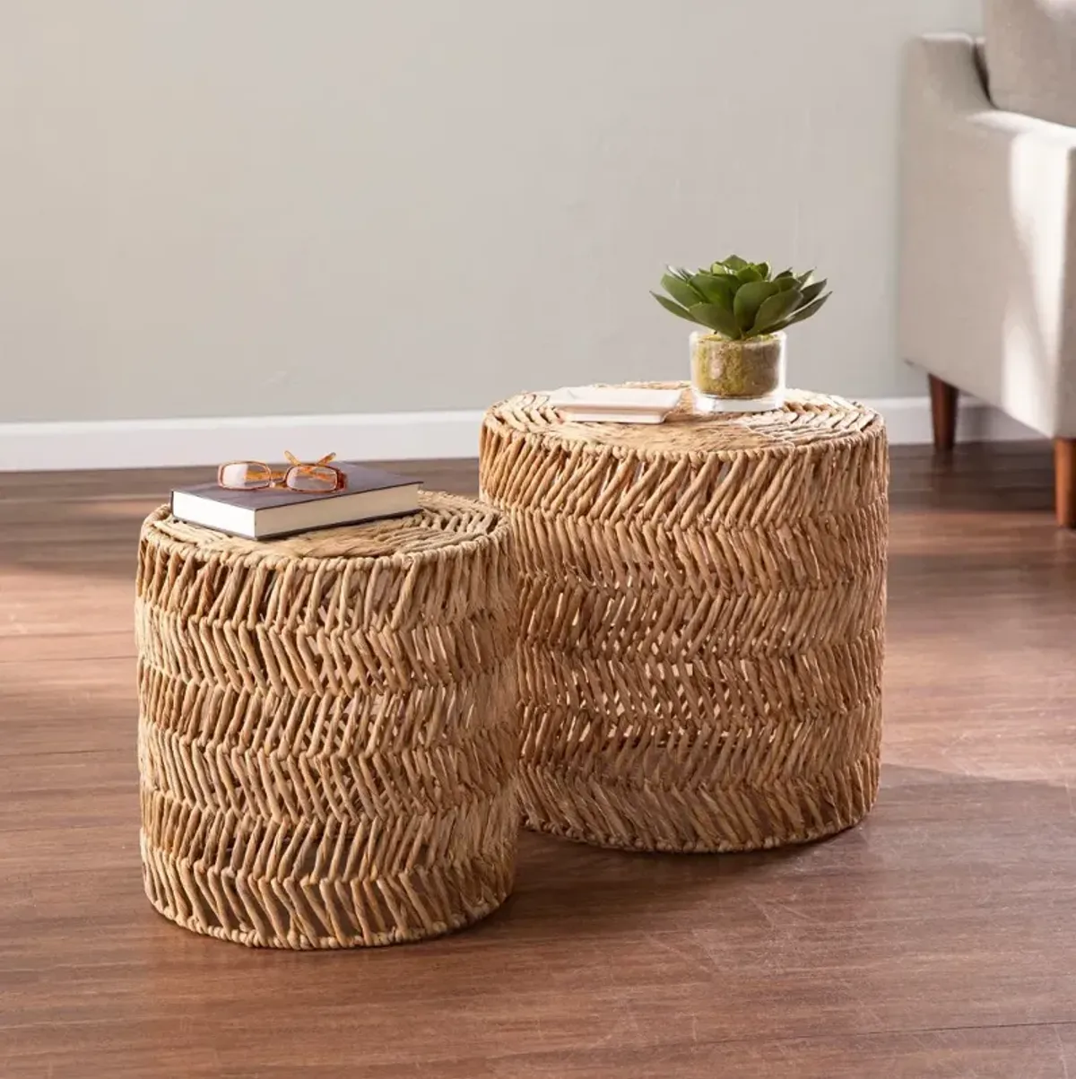 Davari Water Hyacinth Round Accent Tables Set of 2