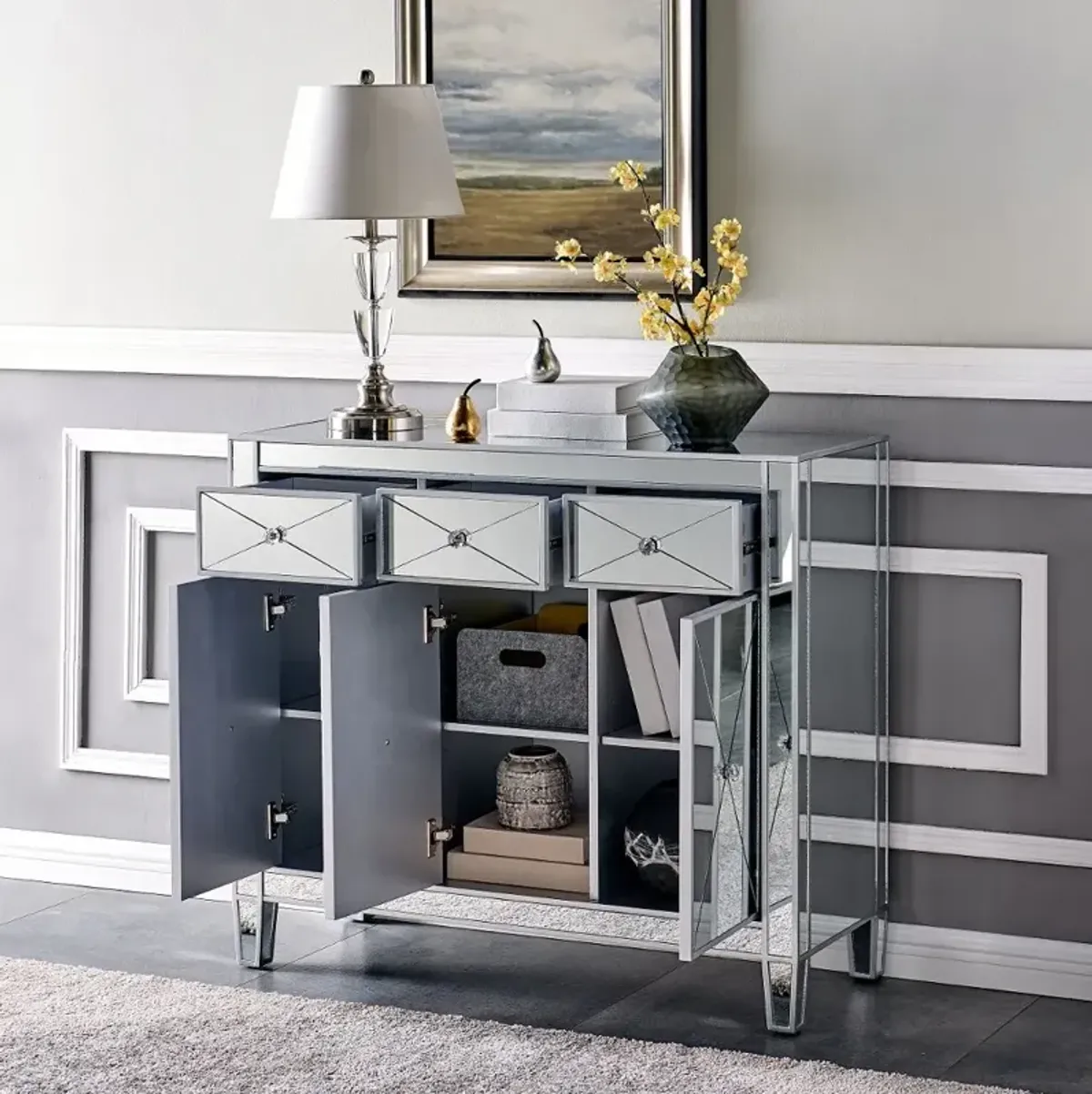 Mirage 3-Door Mirrored Accent Cabinet