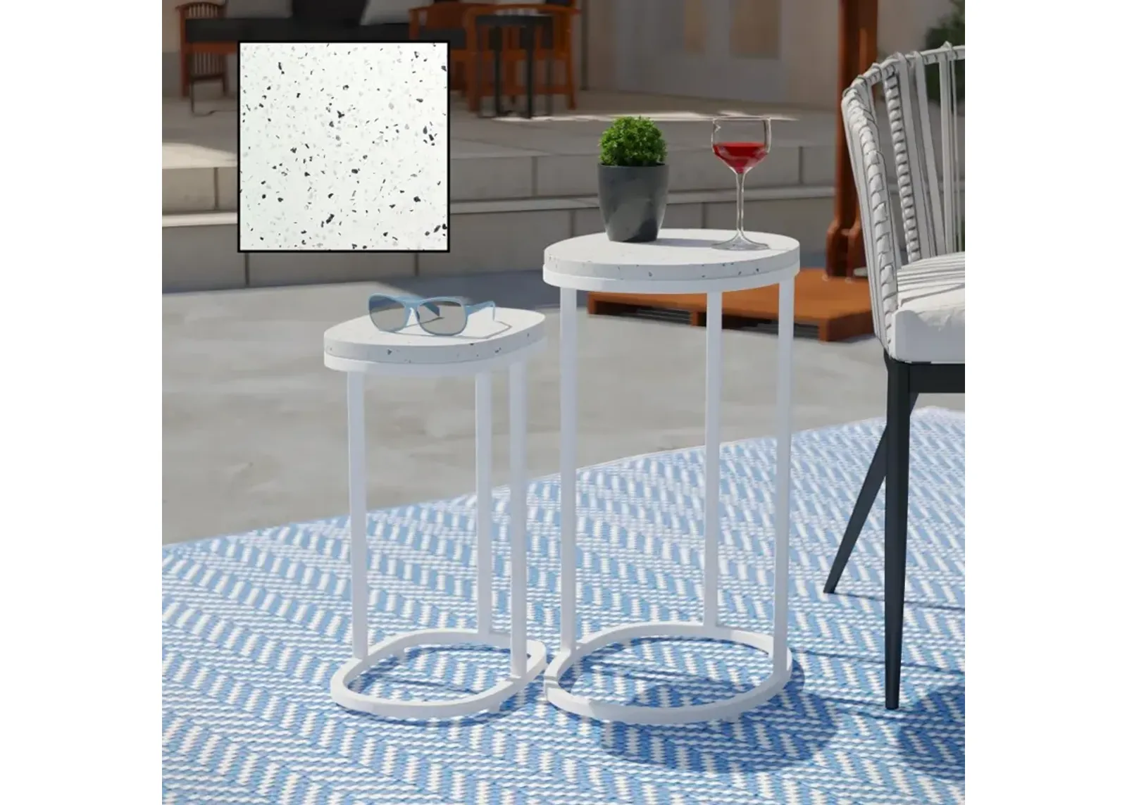 Vicanno White Terrazzo Outdoor Nesting Tables, Set of 2