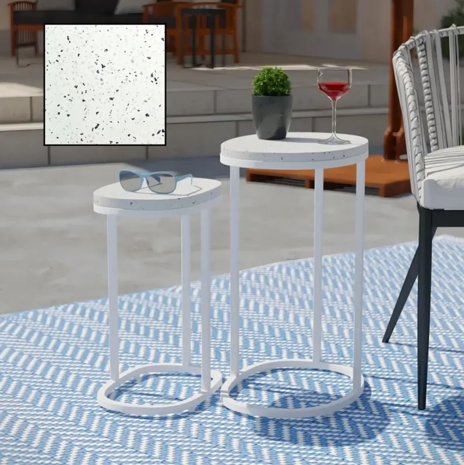 Vicanno White Terrazzo Outdoor Nesting Tables, Set of 2