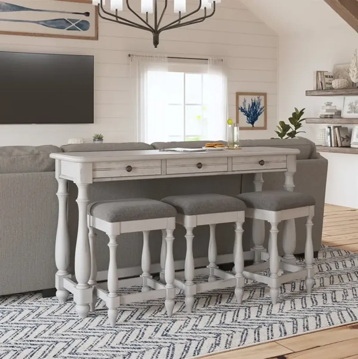 Newhaven Weathered White Sofa Table and Stool Set