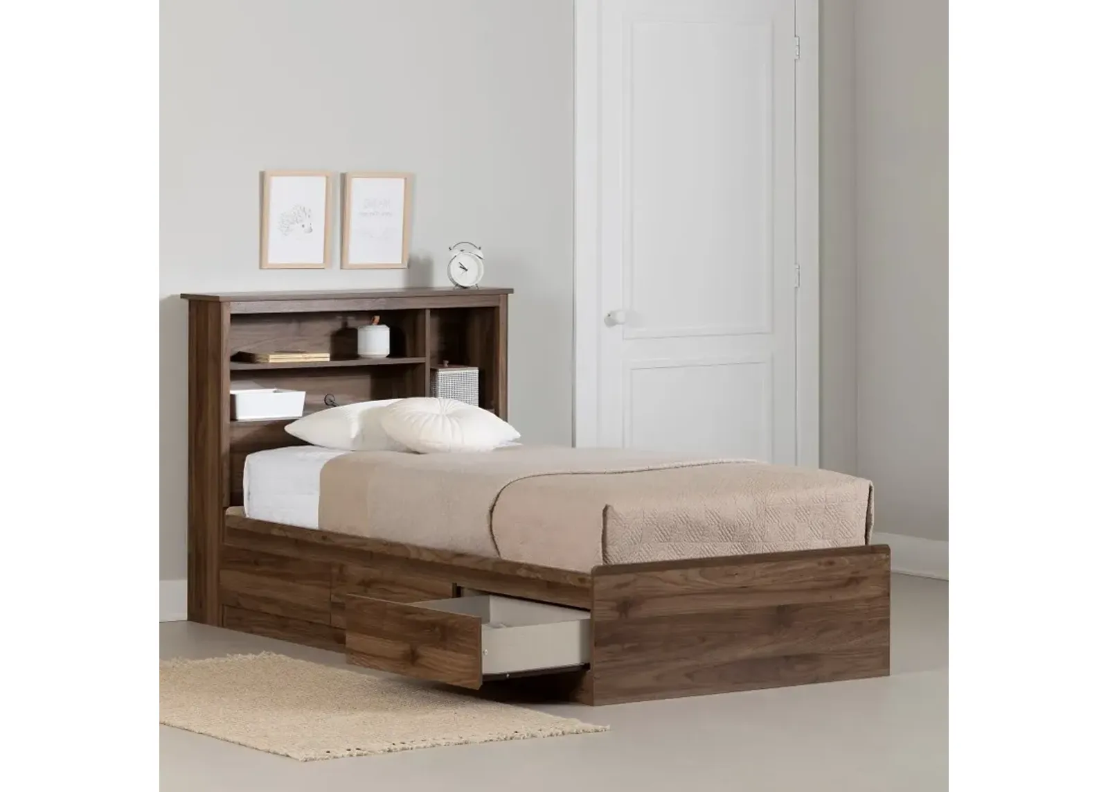 Yodi Walnut Twin Storage Bed with Headboard - South Shore