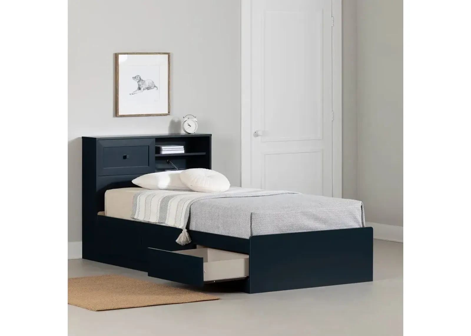 Hazen Navy Blue Twin Storage Bed with Headboard - South Shore