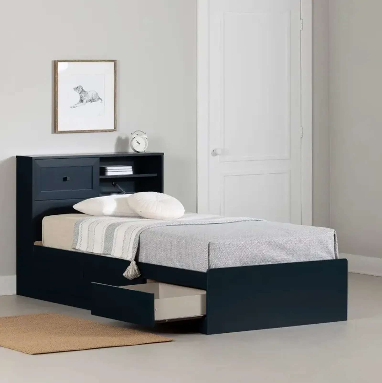 Hazen Navy Blue Twin Storage Bed with Headboard - South Shore