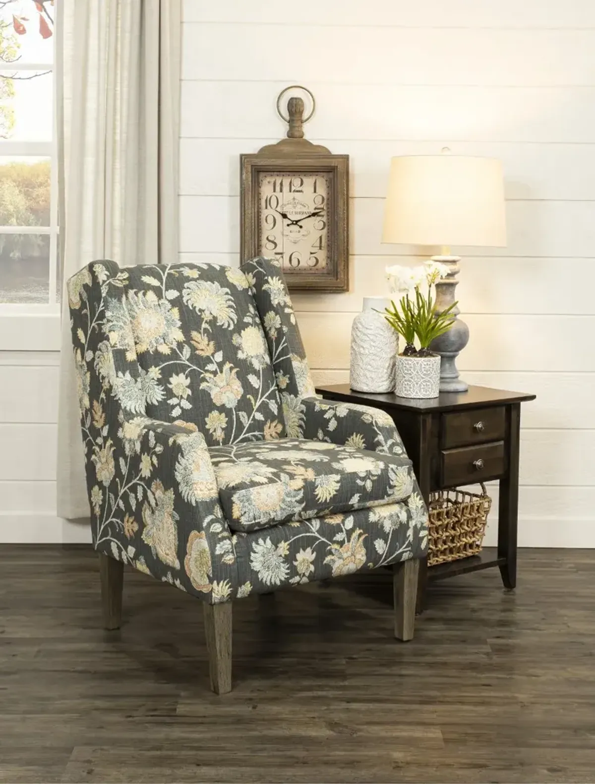 Whimsey Graphite Floral Wing Chair