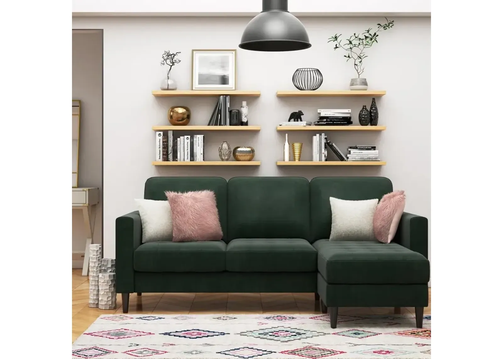 Strummer Green Velvet Reversible Sofa-Chaise