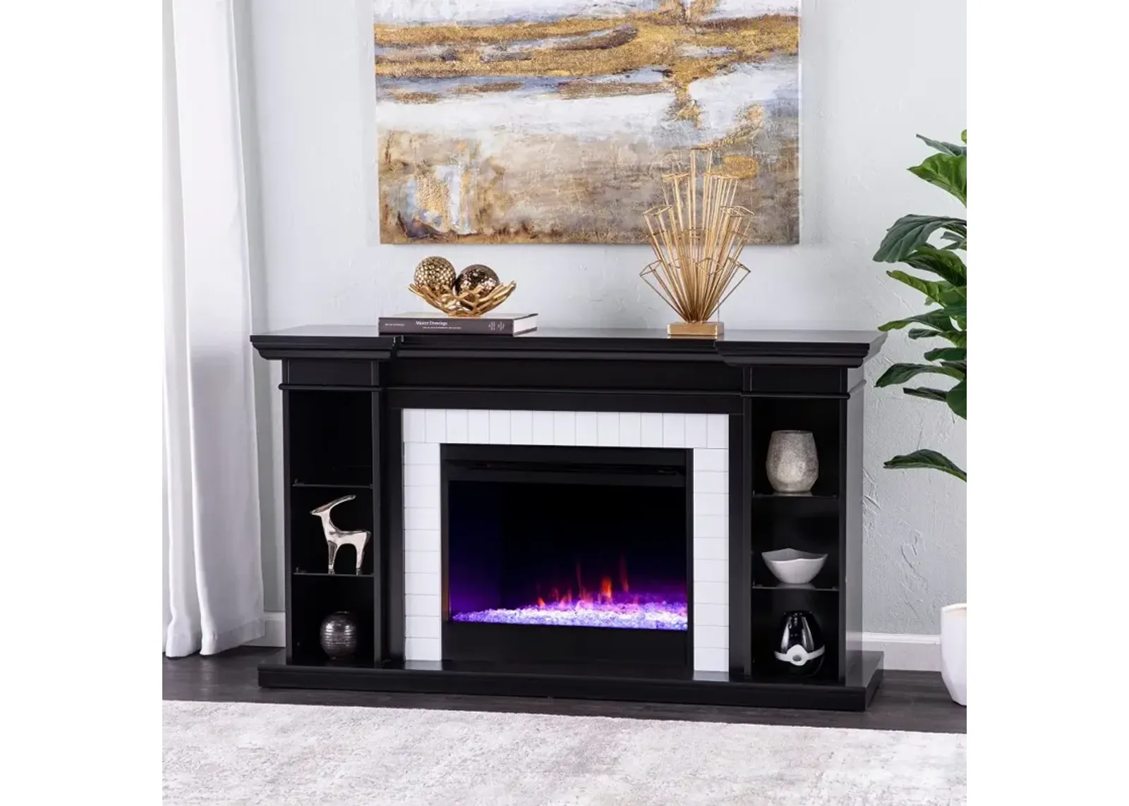 Henstinger Black Color Changing Fireplace Bookcase Mantel