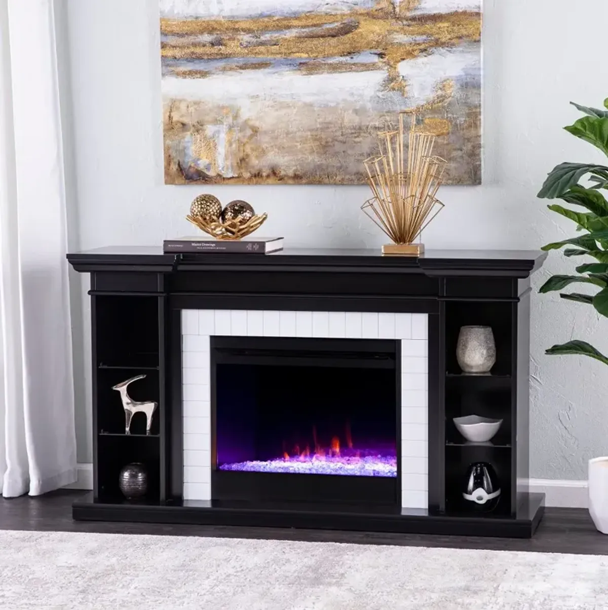 Henstinger Black Color Changing Fireplace Bookcase Mantel