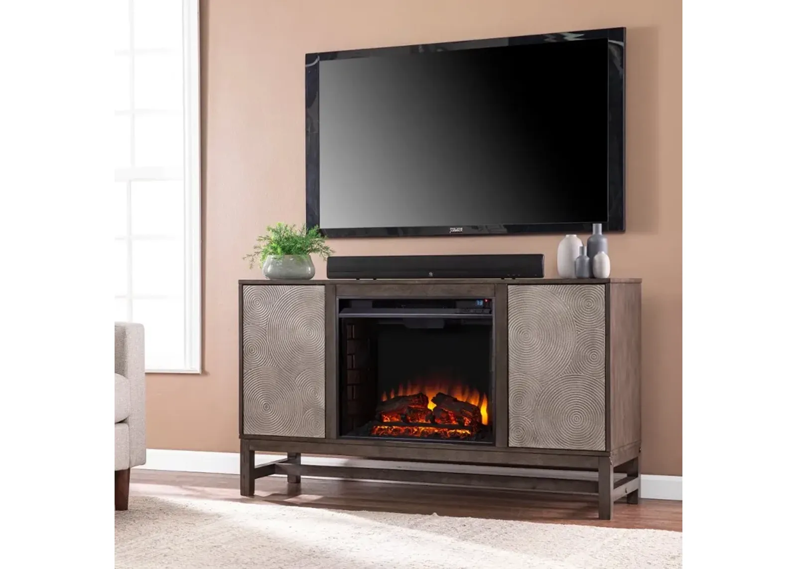 Lannington Brown & Silver Electric Fireplace Mantel