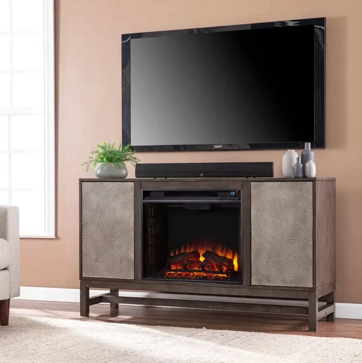 Lannington Brown & Silver Electric Fireplace Mantel