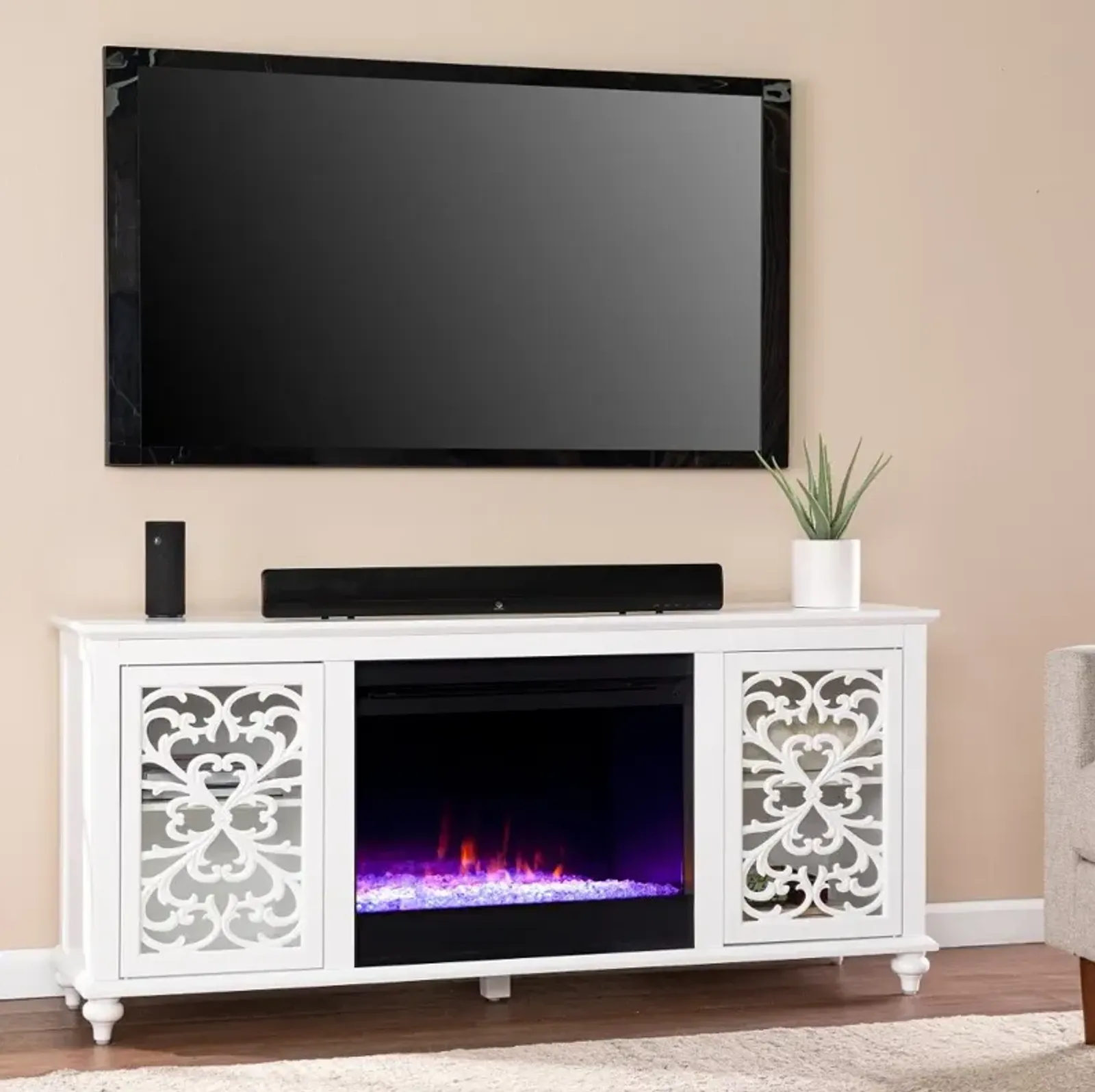 Maldina White Color Changing Fireplace TV Stand