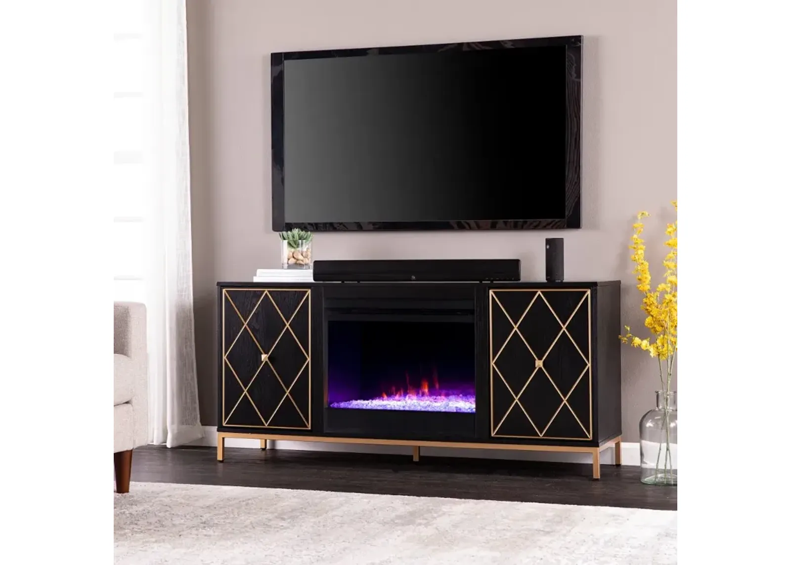 Marradi Black & Gold Color Changing Fireplace TV Stand