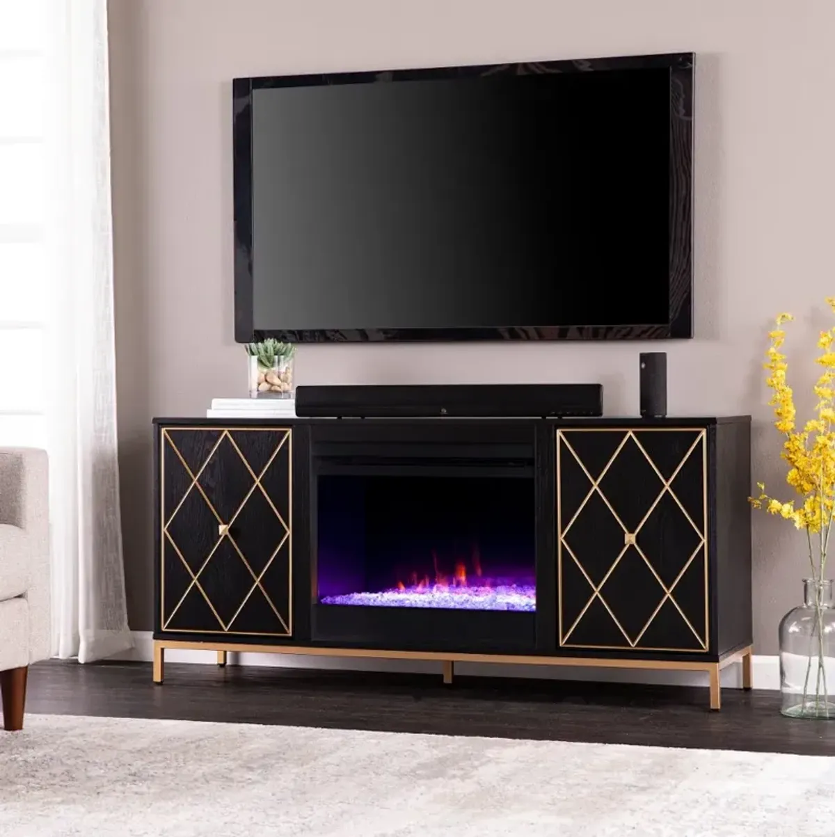 Marradi Black & Gold Color Changing Fireplace TV Stand