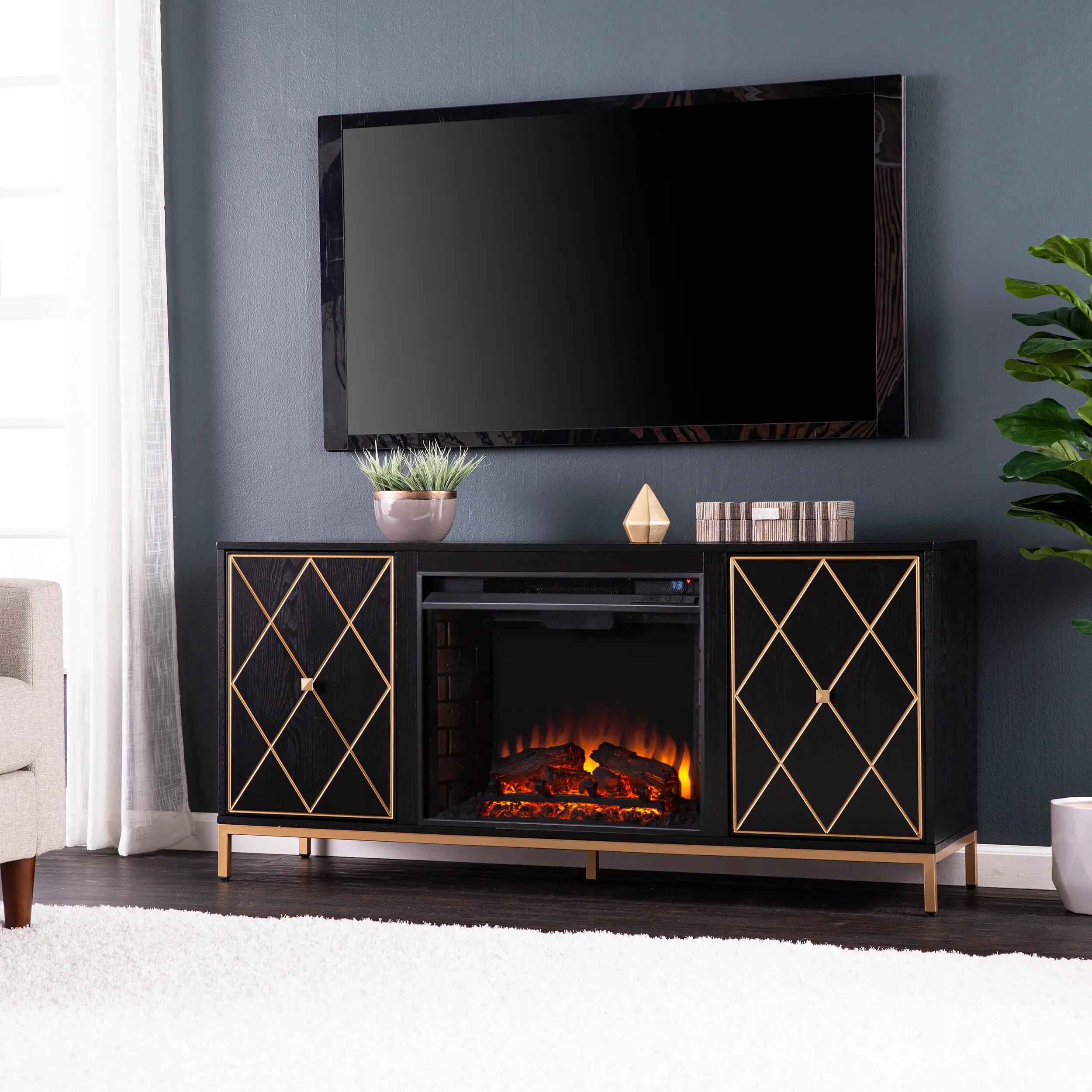 Marradi Black & Gold Electric Fireplace TV Stand