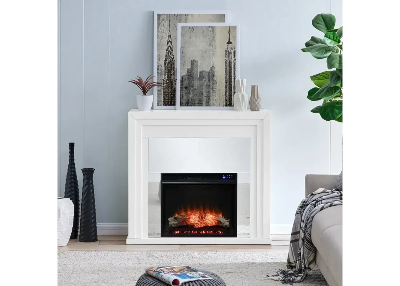 Stadderly White Mirrored Touch Screen Electric Fireplace