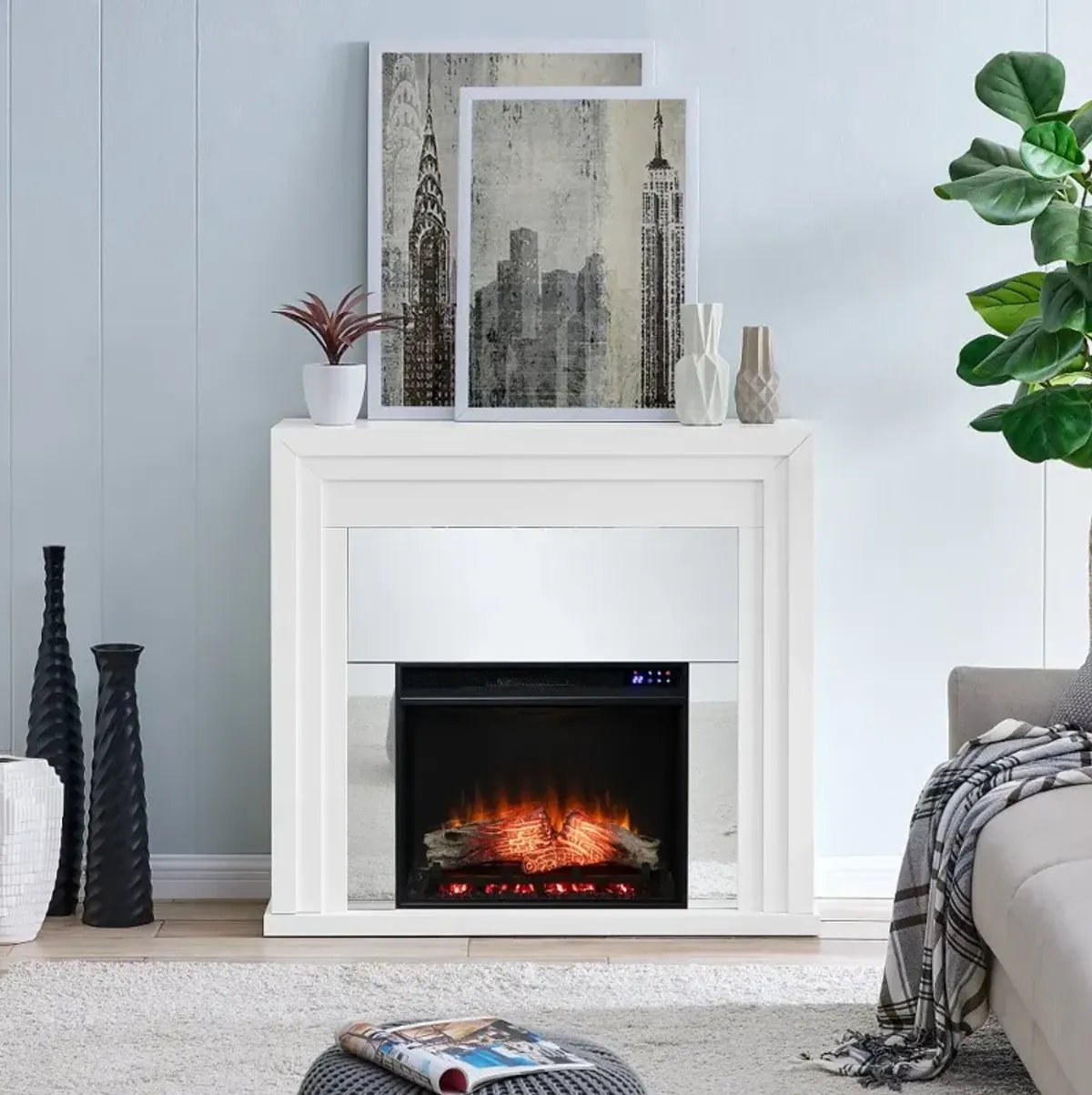 Stadderly White Mirrored Touch Screen Electric Fireplace