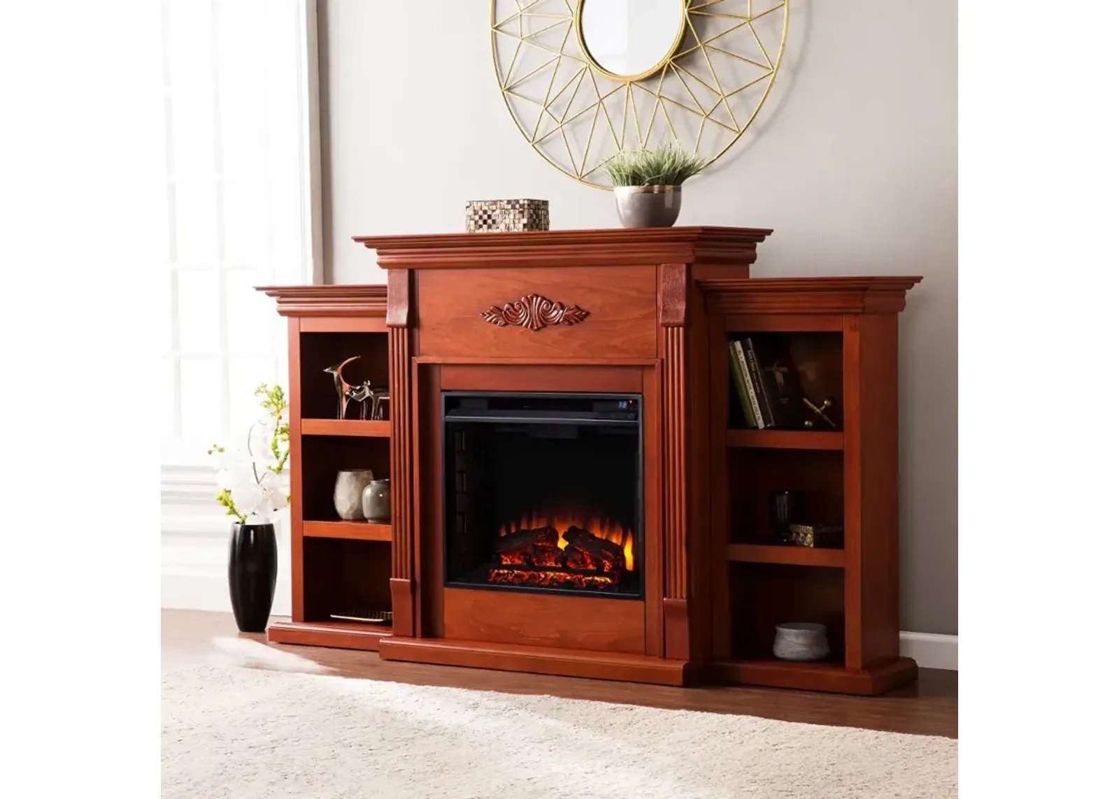 Tennyson Mahogany Electric Fireplace Bookcase Mantel