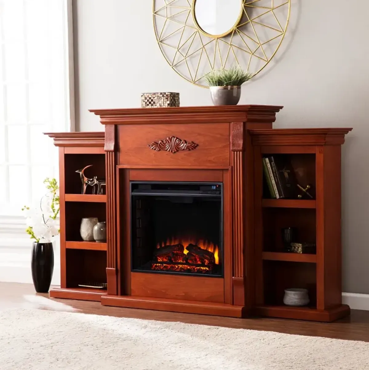 Tennyson Mahogany Electric Fireplace Bookcase Mantel