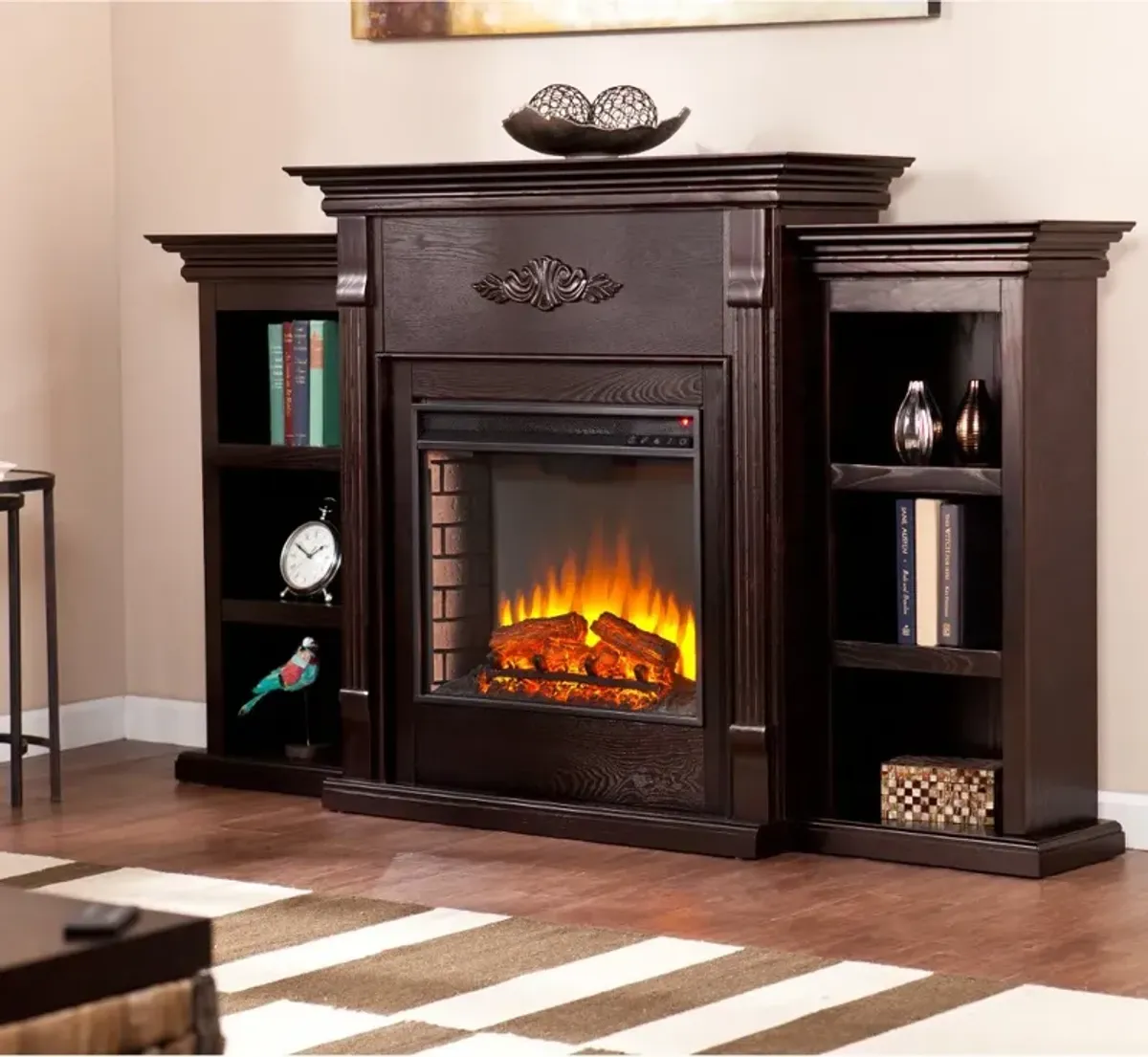 Tennyson Espresso Electric Fireplace Bookcase Mantel