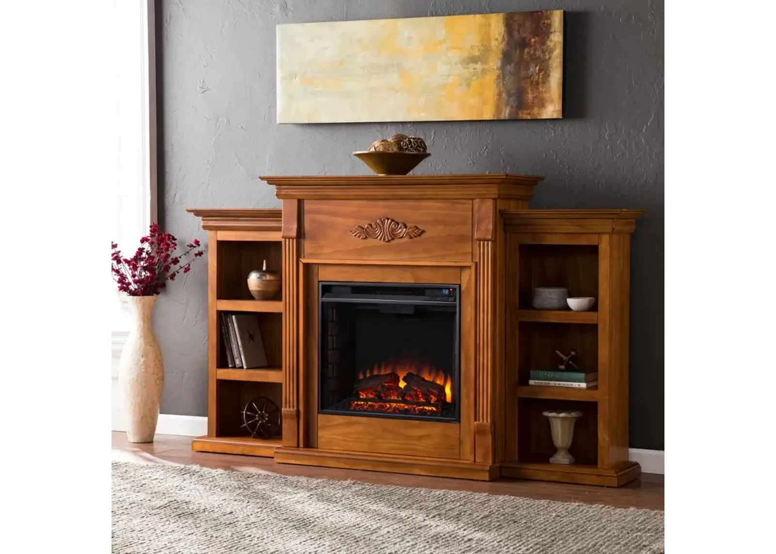 Tennyson Pine Electric Fireplace Bookcase Mantel