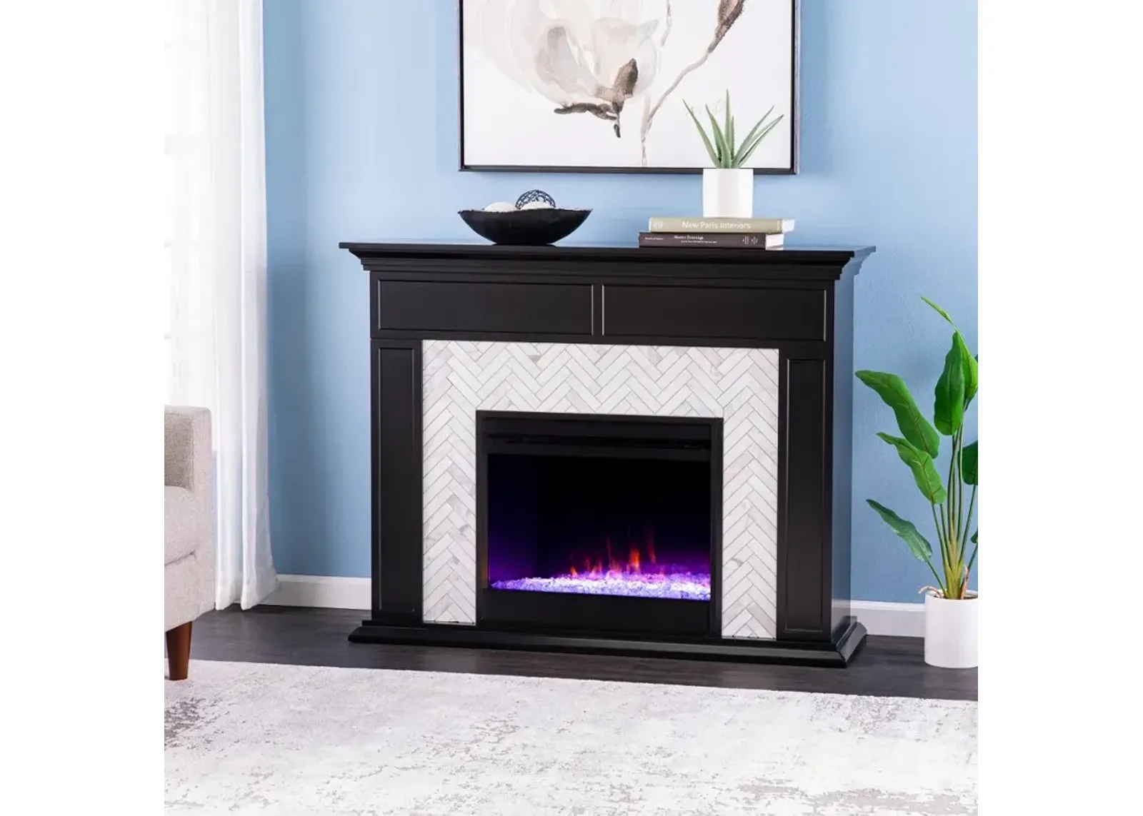 Torlington Black Marble Tiled Color Changing Fireplace