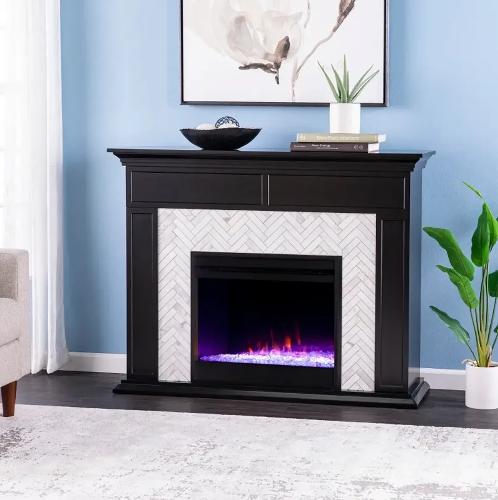 Torlington Black Marble Tiled Color Changing Fireplace